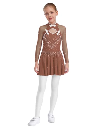 Yhong Vestido de patinaje artístico para niña, manga larga, vestido de calabaza con diamantes de imitación, malla de empalme, maillot con falda plisada, disfraz de baile de competición, altrosa, 122