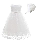 Glamulice Baby-Girls Newborn Satin Baptism Dress Elegant Lace Cap Flower Christening Gown 6-12 White Infant Formal Party Wedding Pageant Dresses Baby Girl Holiday Photo Shoot Outfits Sleeveless 6M