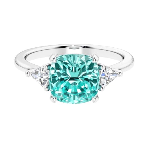 14k White or Yellow Gold 3 Ct Cushion Lab Grown Paraiba Tourmaline & Trillion Diamond 3-Stone Ring, October Birthstone, Engagement, Anniversary, Wedding, Birthday Gift for Women w/Jewelry Box Sz 4-10