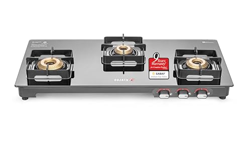 Image of Sujata Regal Manual Gas Stove 3 Burners Glass Top | 9 Years Warranty | Gas Stove with Jumbo Brass Burners | SABAF Technology | ISI Certified | LPG & PNG Compatible | 360 Rotating Brass Nozzle (Black)