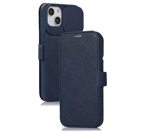 Étui en cuir iPhone 13 avec protège-caméra coulissant bleu et support