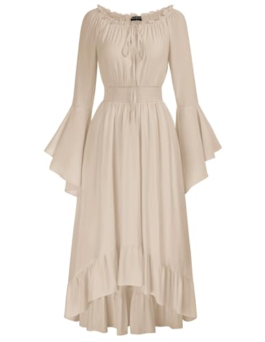 Damen Renaissance Corsagenkleid Schulterfrei mit Taschen A-Linie Rüschenkleid Khaki L