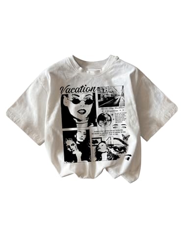 Verdusa Girl's Graphic Round Neck T Shirts Summer Short Sleeve Tee Tops White Black 10Y