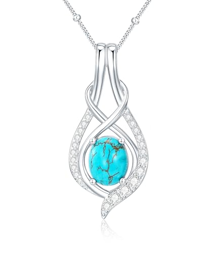 WSX Collar de plata de ley 925 con colgante de turquesa real para mujer, piedra natural ovalada con circonita cúbica, colgante de cumpleaños para su esposa, mamá, hermana, novia