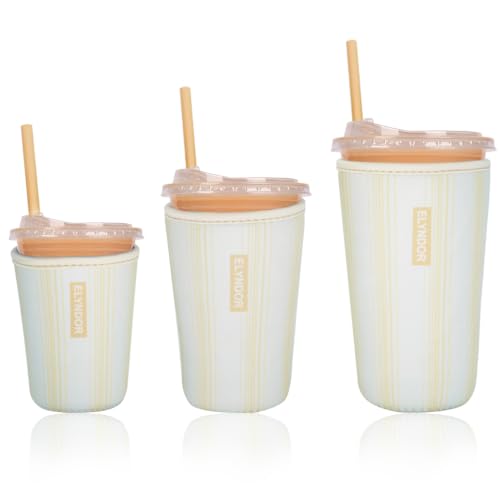 Image of Reusable Insulated Sleeve for Iced Coffee Cup, 3-Pack Coffee Neoprene Drink Sleeve for Cold & Hot Drinks, Beverage Holder for Iced Coffee (Yellow Lines)