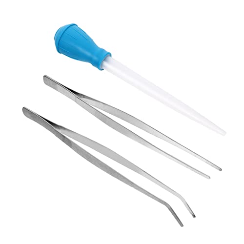 ibasenice 3pcs Aquarium Stainless Steel Tweezers Straight Curved with Fish Tank Pipette for Waste Removal and Water Changes