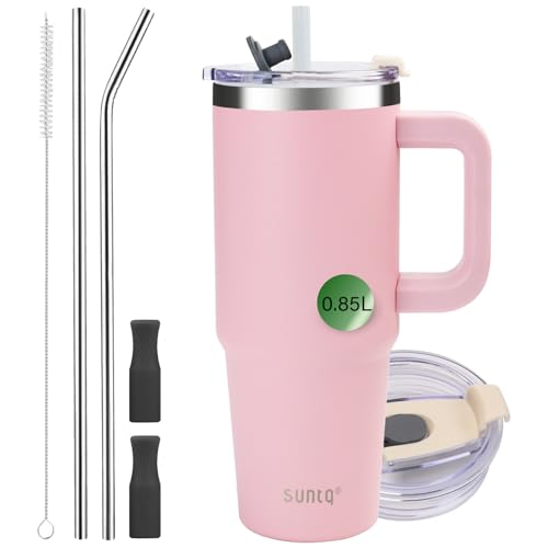 SUNTQ 30oz Mug Isotherme avec Paille et Poigné - Gobelet Paille de Bureau et Voiture en Acier inoxydable, Élégant et Durable - Gobelet Isotherme pour les boissons chaudes et froides(Rose)