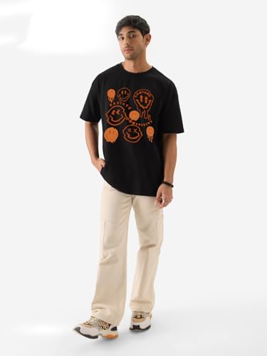 Image of LEOTUDE Men Half Sleeve Round Neck Graphic Printed Cottonblend Oversized Tshirts (Colour: 1Black)