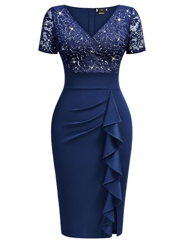 Image of Miusol Women's V Neck Sequin Lace Ruffle Cocktail Party Dress | Deep v-neck, glitter sequin Lace, ruffle design, bodycon dress for cocktail, wedding, evening and semi-formal event