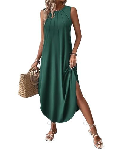 Image of Zeagoo Women Floral Summer Casual Beach Printed Tank Dress with Pockets Pleated Front Long Dress