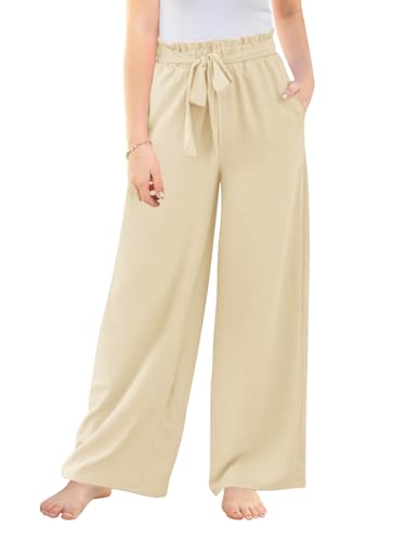 Image of Haloumoning Girls Wide Leg Pants High Elastic Smocked Waist Casual Flowy Cute Long Trousers