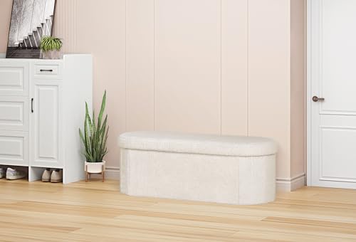 PINPLUS Storage Ottoman Bench Tufted Oval Ottomans Bench Foot Rest, Toy Chest Box Velvet Bench with Storage, 43\"x15\"x15\" (White) - Thumbnail 6
