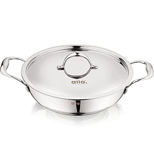 Image of Allo Triply Stainless Steel Kadhai with Handles|Perfect Kadhai for Curry /Stir-Fry /Deep-Fry /DryVeg /Saut Induction Friendly Naturally Non-Stick with Lid | 10 Years Warranty, 18cm, 1.2 litres