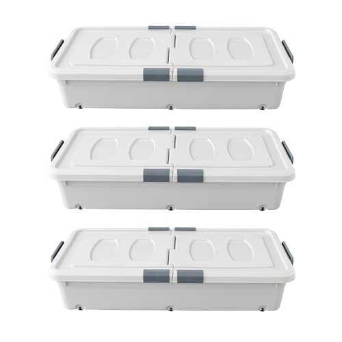 Image of Kuber Industries Pack of 3 Underbed Storage Box | Storage Box with Double Open Lid and Wheels | Multipurpose Dustproof & Stackable Storage Box | YN156 | Gray & White