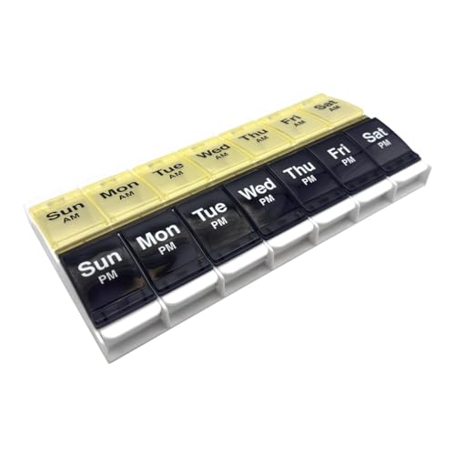 Image of Ezy Dose Weekly (7-Day) AM /PM Pill Organizer, X-Large Case, Black /Yellow | Daily Vitamin Box & Supplement Planner, 2 Times a Day Push Button Compartments, Arthritis-Friendly, Travel-Friendly, BPA-Free