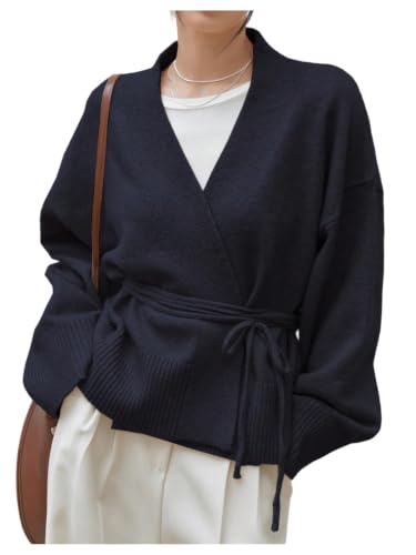 WDIRARA Women's Wrap Long Sleeve Tie Front Cardigan Deep Blue