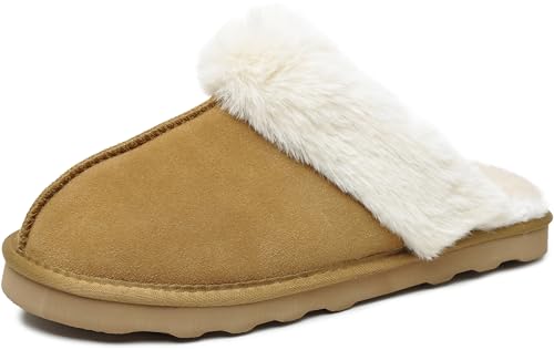 Emma Women's Winter Fur Slippers Genuine Suede Fluffy Faux Fur Memory Foam Cushion, Indoor and Outdoor