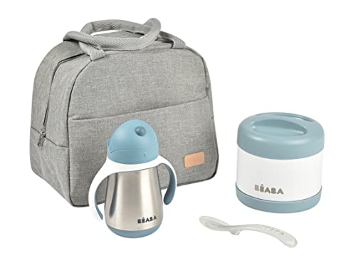 BÉABA, Set repas isotherme repas de bébé et accessoires, Lunchbox, Thermo-portions Inox 500ml et Tasse paille Inox 250ml, Cuillère en Silicone 2ème âge, Windy Blue