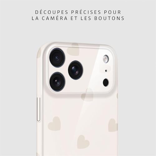 Coque iPhone 17 Pro rigide motif cœurs beige pour éviter les rayures objectifs