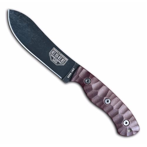 ESEE James Gibson Designed JG5 Nessmuk Fixed Blade Knife w/Sculpted Micarta Handles, Black Oxide Finish, and Brown Leather Pouch Sheath (Burgundy Sculpted Linen Micarta)