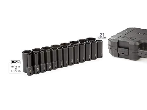 Tekton 1/2 Inch Drive Deep 6-Point Impact Socket Set, 21-Piece (5/16 - 1-1/2 In.) | Sid92306 #TOP1