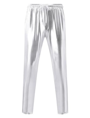 TURETRENDY Mens Metallic Shiny Pants Disco Party Dance Leg Trousers Drawstring Nightclub Pant White 2XL — view 5
