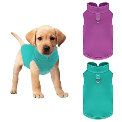 2 Pcs Dog Fleece Vest Sweater Winter Warm Dog Sleeveless Jacket Soft Pullover Fleece Cold Weather Coat Hoodie with D-Ring Leash for Small Medium Dogs Unisex (Purple Blue Medium)