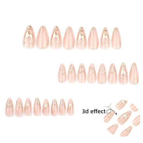 Image of Gold Chrome French Tip Press On Nails Almond Shape | Nude Glossy Fake Nails with Metallic Swirl Design | Long Stiletto Stick On Nails Reusable Full Cover Artificial Nails for Women | Reusable Nail Extension For Women With Glue Tab | Long Lasting Glossy Finish Artificial Nails | Easy to Apply Fake Nails for Salon Look at Home | Stick-On Manicure Kit For Parties, Weddings And Gifts | Trendy Nail Art Set for All Occasions (Peach-GoldStiletto)