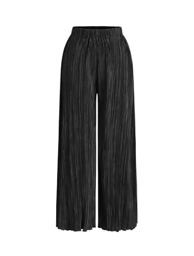 Womens High Waisted Pants Solid Textured Elastic Waist Wide Leg Palazzo Pants Casual Comfy Trousers