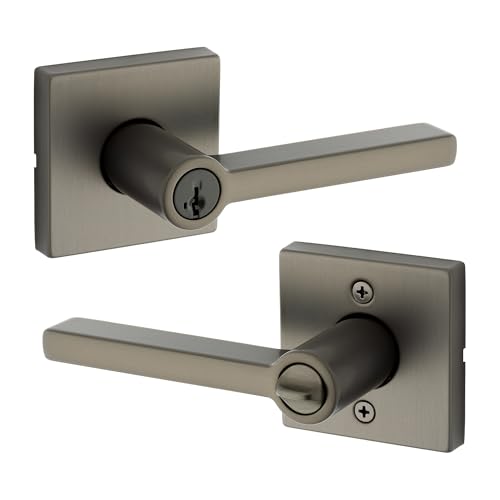 Image of Kwikset Halifax Entry Door Handle with Lock and Key, Square Secure Keyed Reversible Lever Exterior, Doorlock, for Front Entrance and Bedrooms, Gunmetal, Pick Resistant Smartkey Rekey Security
