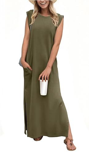 GRECERELLE 2025 Women Year-Round Casual Round Neck Loose Split Wrinkle-Free Long Maxi Vacation Dress with Pockets (XS-3XL)