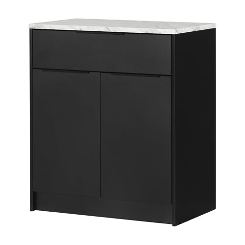 South Shore Olio Kitchen Island Matte Black and Faux White Marble, Contemporary