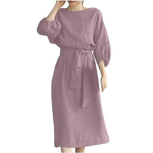 ANHATUIV Vestidos de algodón y lino para mujer, vestidos de verano de manga 3/4, vestidos de cuello redondo para mujer, vestido midi liso, vestido casual con cordón, vestido largo de ajuste holgado,