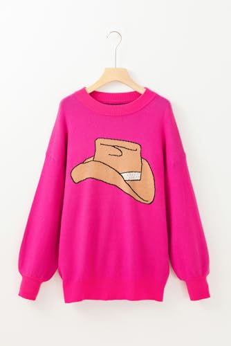 Women's Rose Red Yeehaw Cowboy Hat Drop Shoulder Oversized Sweater3