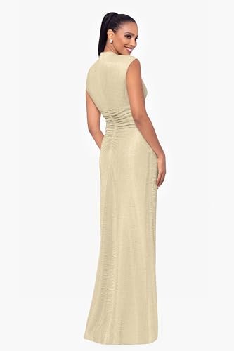 Image of Betsy & Adam Women's Metallic Knit Full Length Gown with Bateau Neck & Ruched Bodic