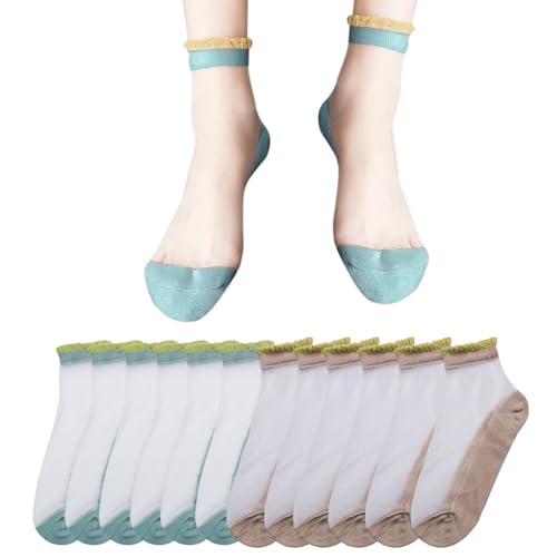 FuninCrea 6 Pairs Sheer Socks, Summer Mesh Socks for Women Girl, Breathable Lace Socks Thin Cute Ruffle Socks (M, Blue+Khaki)