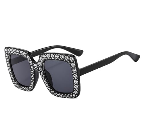 IKANOO Oversized Crystal Sunglasses for Women Square Thick Frame Bling Rhinestone Sparkling Glasses (Black)