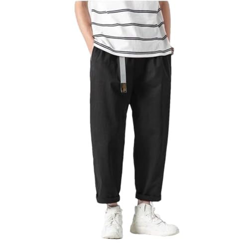 Men Cotton Casual Summer Pants with Belt Straight Baggy Ankle-Length Cargo Trousers Wide Leg Sweatpants