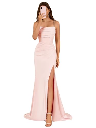 Image of Satin Bridesmaid Dress for Women 2025 Spaghetti Straps Mermaid Prom Dresses with Slit Evening Dresses KN003