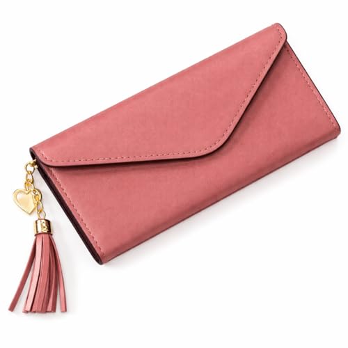Carteira Feminina Grande Estilo Envelope com Zíper, Pingente Coração e Borla, Porta Cartões, Elegante e Moderna (Rosa escuro)