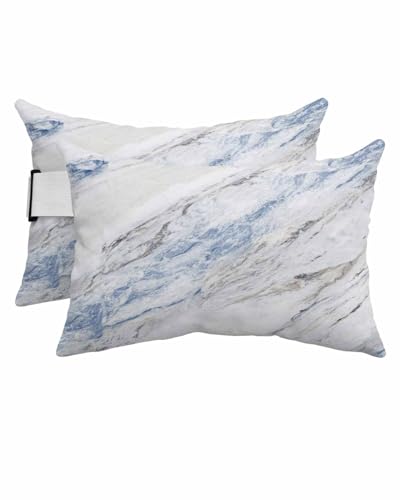 AMZRicher Blue Marble Outdoor Waterproof Pillows for Recliner Chaise Lounge Chair, Modern Abstract White Grey Aesthetics Art Lumbar Pillows with Inserts & Elastic Band for Patio Beach 2 Pack-11x16 in