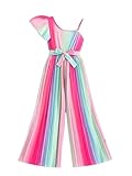 OYOANGLE Girl's Rainbow Asymmetrical Neck Jumpsuits Ruffle Short Sleeve Belted Long Rompers Hot Pink 10Y