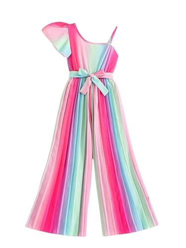 OYOANGLE Girl's Rainbow Asymmetrical Neck Jumpsuits Ruffle Short Sleeve Belted Long Rompers Hot Pink 10Y