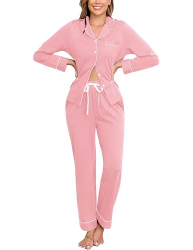 Image of Veseacky 100% Cotton Women's Pajama Set Long Sleeve Button Down Sleepwear Soft Pjs Lounge Sets Nightwear Pjs XS-XXL