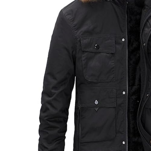 ZDJSWJ Herren-Winterjacke, mit Fellkragen, Kapuze, Warm, Wolle, dick, winddicht, Schwarz , XXL