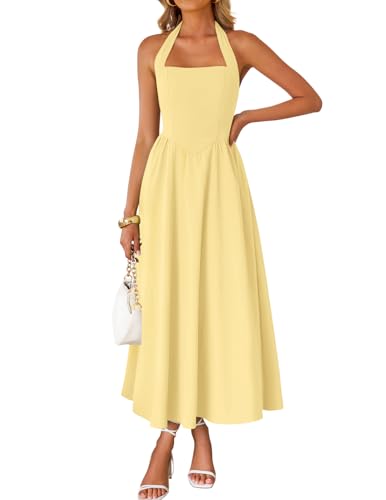 Image of ZESICA Women's Summer Sleeveless Halter Midi Dress 2026 Off Shoulder High Waist Flowy Formal Wedding Guest Long Dresses