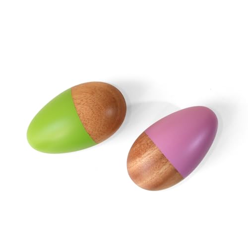 Image of Shumee Wooden Easter Egg Shakers for Babies | Baby Easter Basket Stuffers Gift | 100% Child Safe & Non-Toxic | Montessori Musical Rattle Toy | Set of 2 Maraca Eggs (Purple & Green)