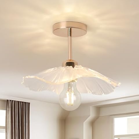 Kariosid Semi Flush Mount Ceiling Light Fixture,Modern Flower Glass Ceiling Lights,Vintage Gold Brass Close to Ceiling Light for Hallway,Entryway,Courtyard,Showroom Cover