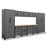 Torin 12 Piece Garage Storage Cabinet Set: Workshop Tool Organizer Chest with Lockers, Shelves and Wood Workbench, Black/Grey