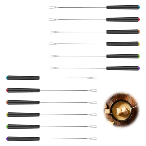12 Pièces Fourchettes à Fondue en Acier Inoxydable, 24cm Fourchette à Fondues avec Poignée en Plastique et Repères de Couleur, Fourchette à Fondue pour...